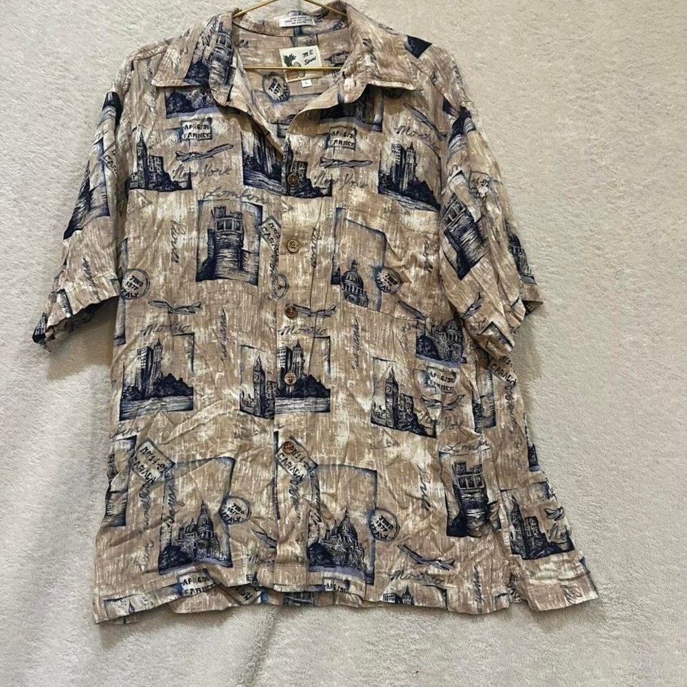 vintage M.E Sport travel postage stamp button down shirt size large
